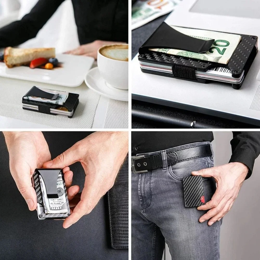 Mens RFID Blocking Carbon Fiber Slim Money Clip Wallet ID Credit Card Holder